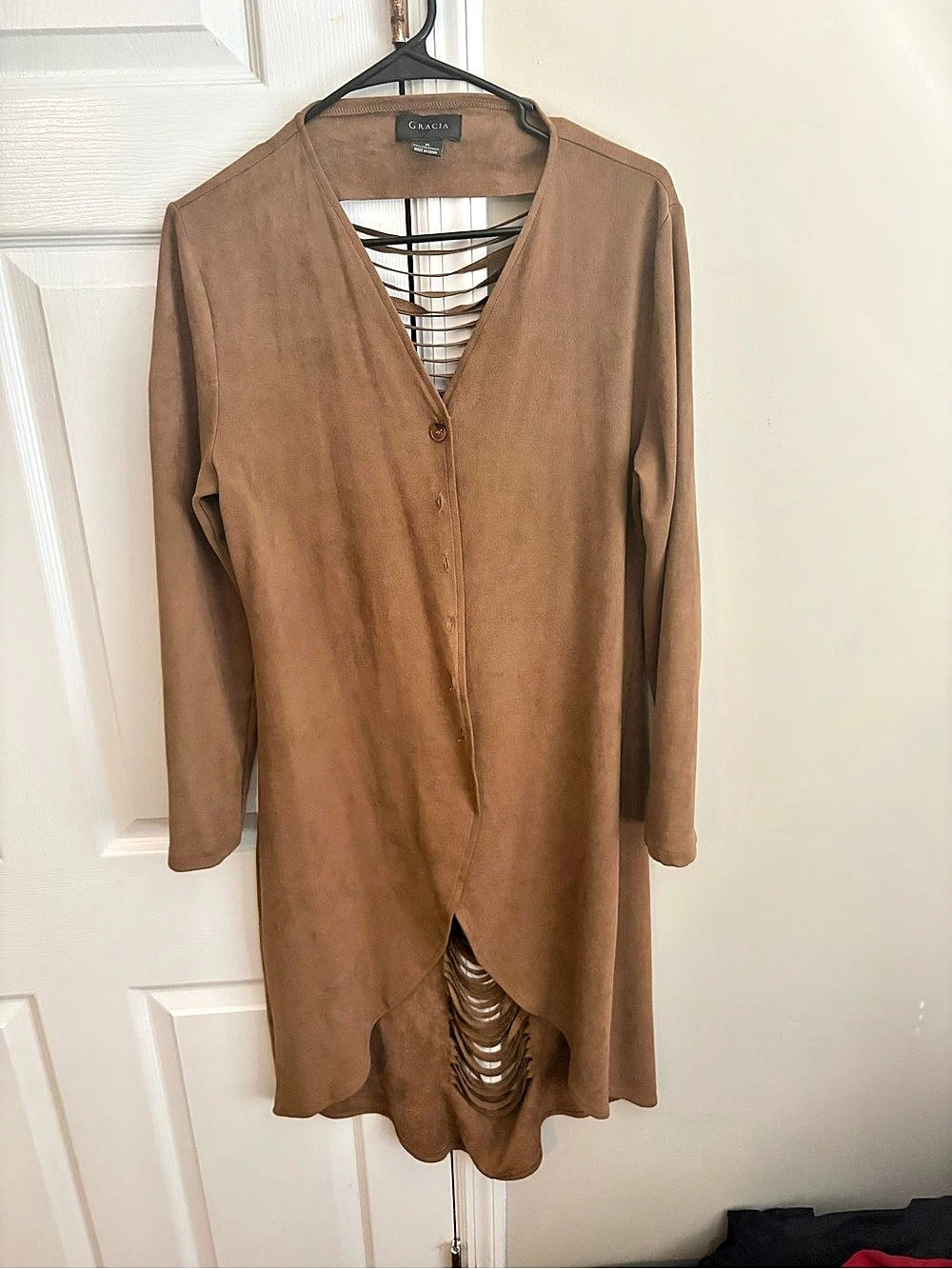 Gracia Faux Suede Ladder Back Cardigan Brown Cutout Tunic